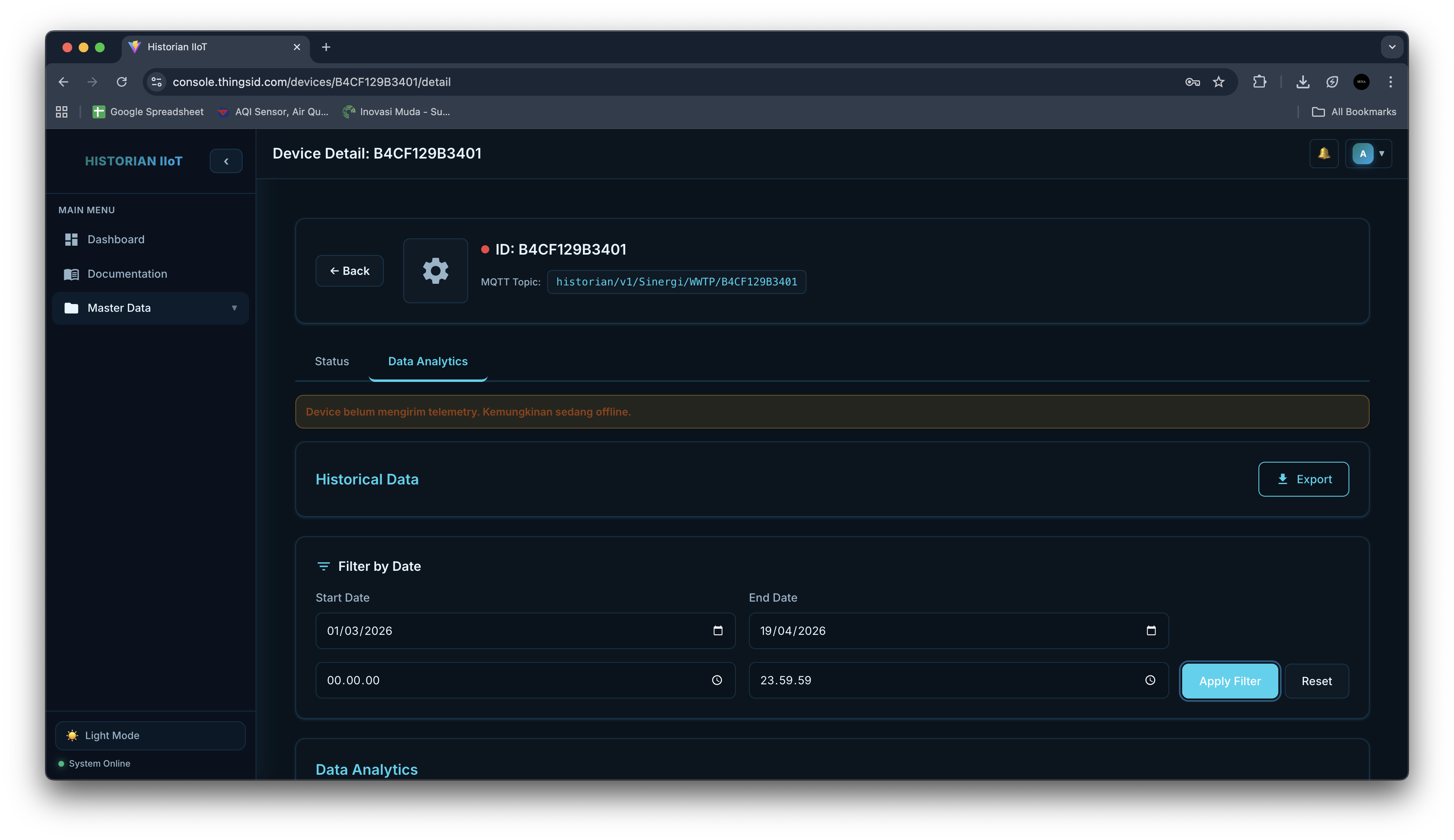 Device detail dan konfigurasi MQTT